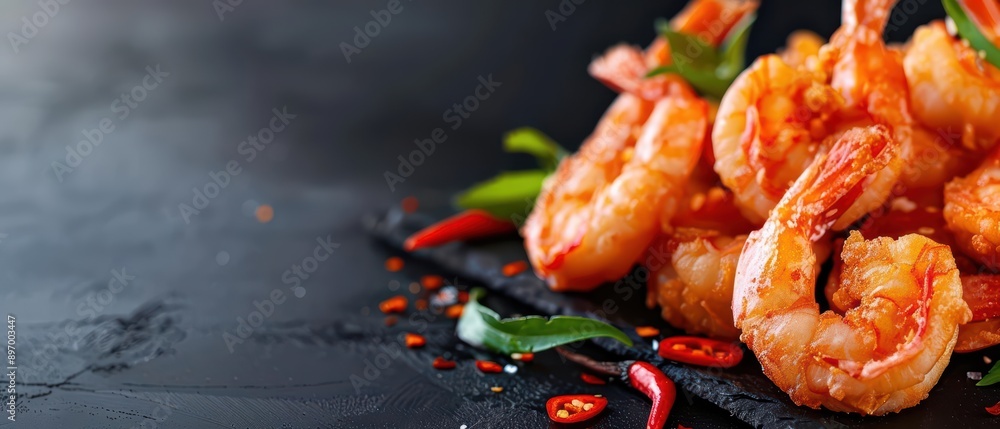 Thai shrimp tempura with a crispy and sparkling presentation, showcasing goldenbrown shrimp and a light, crunchy texture, banner, with copy space Thai shrimp tempura with a crispy and sparkling presentation, showcasing goldenbrown shrimp and a light, crunchy texture, banner, with copy space