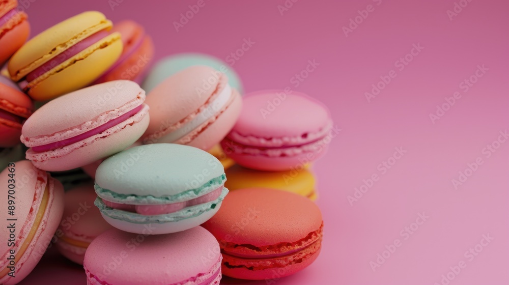 Fototapeta premium A delightful assortment of macarons with vibrant colors, arranged artistically on a pink surface.