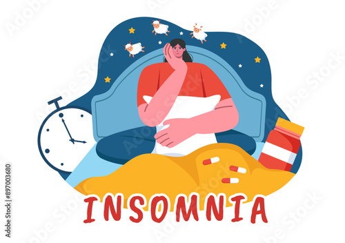 Insomnia Vector Illustration Featuring Young People Unable to Sleep, Lying Awake and Thinking with Eyes Open at Night in a Bedroom in Flat Cartoon