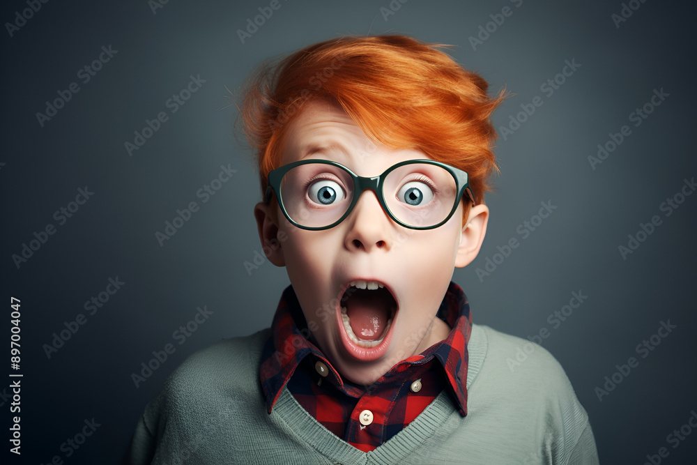 Fototapeta premium Surprised red-haired boy with open mouth looks up white t-shirt cropped view