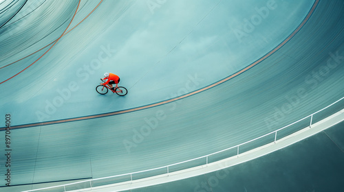 Cyclist riding on a velodrome track in a curved section, wearing a helmet and a red outfit.