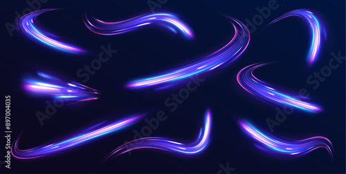 Magic neon smooth glowing track lines, blurry bright long exposure car trail of dynamic speed city road, movement on black background. Set of speed lines for your design. 