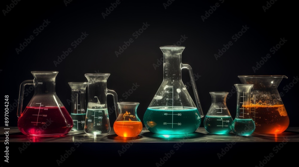 Laboratory glassware arrangement on dark background, featuring beakers, flasks, and test tubes for scientific research and experimentation concepts
Laboratory glassware arrangement on dark background, featuring beakers, flasks, and test tubes for scientific research and experimentation concepts