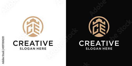 Creative castle fortress initial letter CE logo design idea template abstract