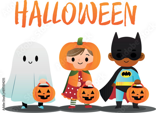 Happy children dressed in costumes on Halloween