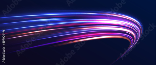 A Colorful Motion Background of City Light Trails. Vortex streams of neon light. Energy flow tunnel. Blue portal, platform. Magic circle vector.	