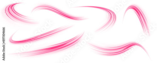 Set of neon speed lines on transparent background PNG. Purple glowing wave swirl, impulse cable lines.	