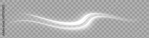 Light white wave and spotlight shine effect,glow line sparkle shine. Glowing white lines accelerate effect on gray transparent background. 