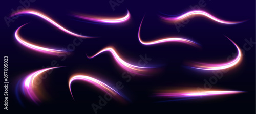 Speed connection vector background. A large set of low-poly designs made of thin lines in the form of branches, spirals and arcs. Long exposure of motorways as speed. 