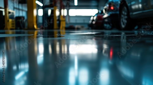 Wallpaper Mural Close-Up of Reflective Garage Floor with Smooth Blurred Background and Sharp Foreground in Dark Atmosphere Torontodigital.ca