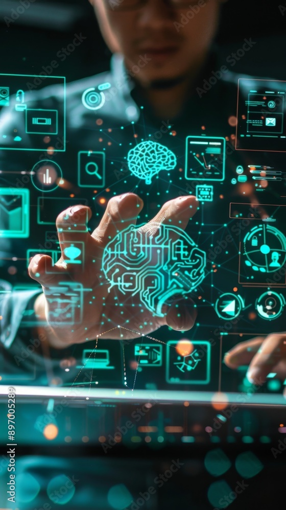 Fototapeta premium Innovative Business Trends 2025: Businessman Interacting with Digital AI Icons. Futuristic Technological Solutions and Advancements Visualized Through Artificial Intelligence Representations. 4K AI-Ge