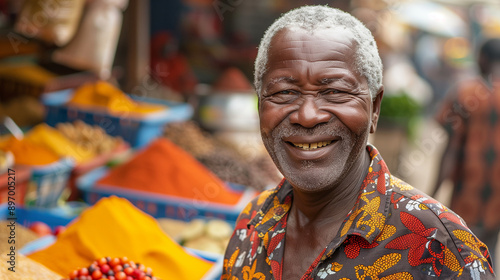 Smiling Elderly Man at Vibrant Market: Joy and Culture in Everyday Life © ksu_ok