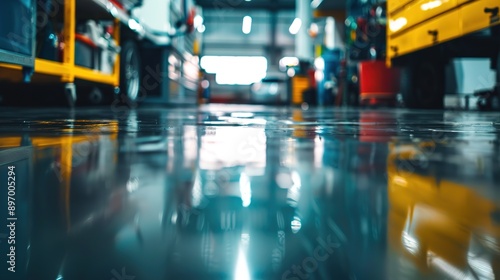Wallpaper Mural Close-Up of Reflective Garage Floor with Smooth Blurred Background and Sharp Foreground in Dark Atmosphere Torontodigital.ca