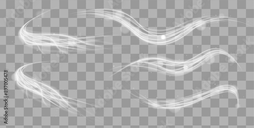 Set of white light bright lines in the form of a covenant. White blur trail wave,wavy silver line of light speed. 