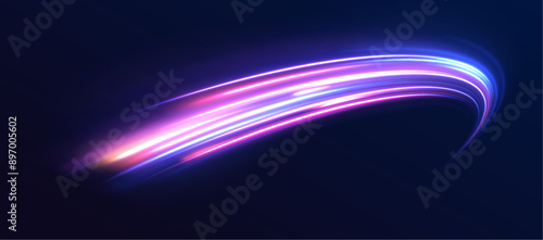 Neon line as speed or arc, turn, twist, bend in light effect. Light arc in neon colors, in the form of a turn and a zigzag. Abstract background in blue, yellow and orange neon colors.	
