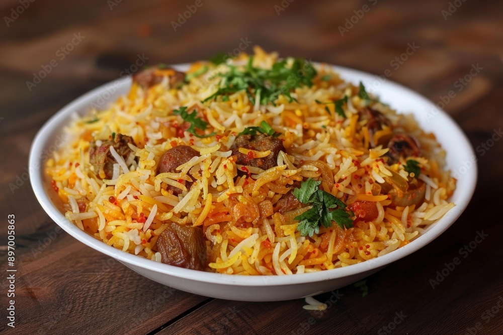 Aromatic indian chicken biryani being served in a white bowl on a rustic wooden table Aromatic indian chicken biryani being served in a white bowl on a rustic wooden table