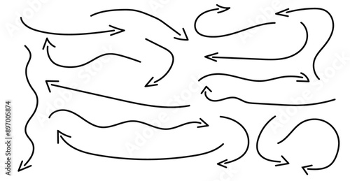 Hand drawn dotted arrows set. Sketch curved dashed arrows design. Arrow handmade. Doodle arrows of varios shapes and directions.
