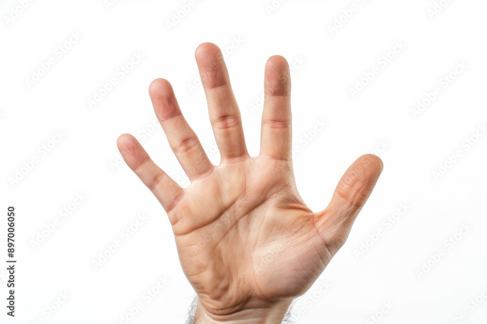 Back Hand: Man Demonstrating Hand Sign with Five Fingers on White Background Back Hand: Man Demonstrating Hand Sign with Five Fingers on White Background