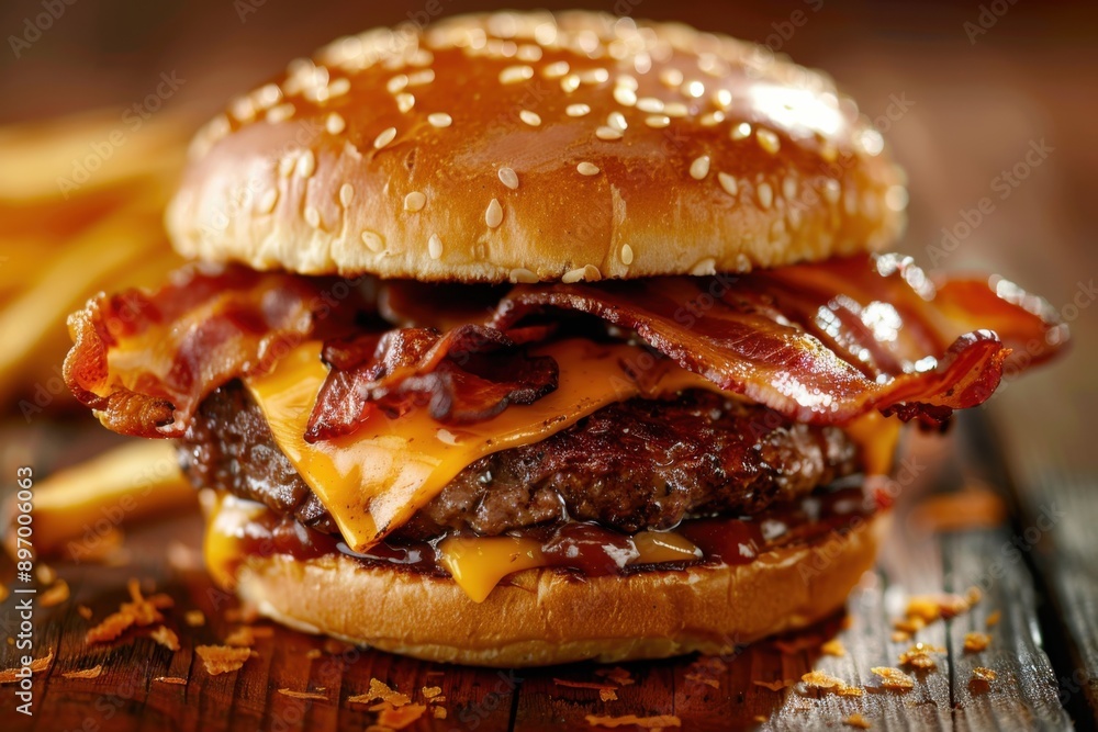 Bacon Burger: Epicure Homemade Burger with Crispy Bacon and Cheddar Cheese on Red Wooden Table Bacon Burger: Epicure Homemade Burger with Crispy Bacon and Cheddar Cheese on Red Wooden Table
