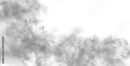 Grey smoke puff, white background and studio with no people with fog in the air. For used on light backgrounds. Transparency only in vector PNG format.	