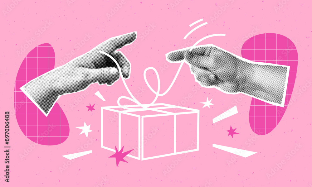 Collage with halftone hands and gift with ribbon. Happy birthday, party celebration concept vector pop art retro style illustration. Design element for infographic, poster, website, greeting card