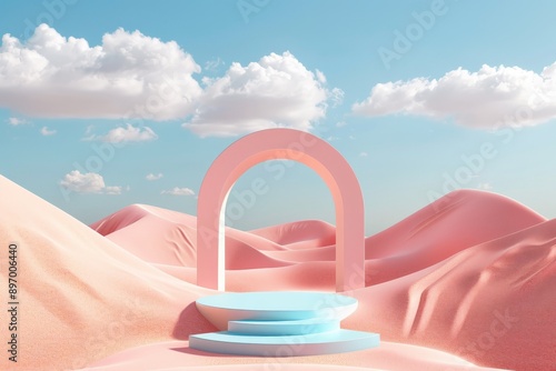 This image features a single pastel-colored arch on a blue platform, surrounded by soft pink sand dunes under a bright, cloud-filled sky, evoking a tranquil atmosphere.