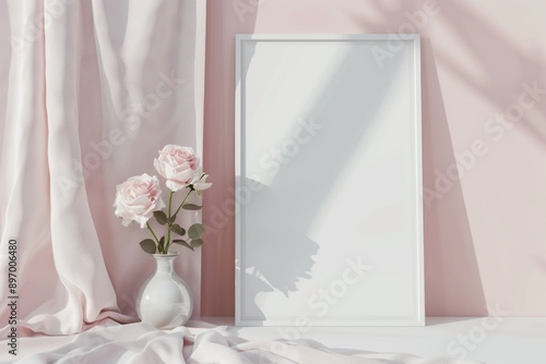 Elegant White Paper Poster with Pink Roses and Fabric Background – Perfect for Cards, Posters, and Prints