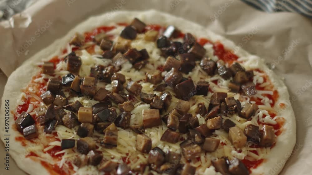 The chef in apron makes pizza with his hands putting the ingredients for the pizza on the table. The dark background The chef in apron makes pizza with his hands putting the ingredients for the pizza on the table. The dark background