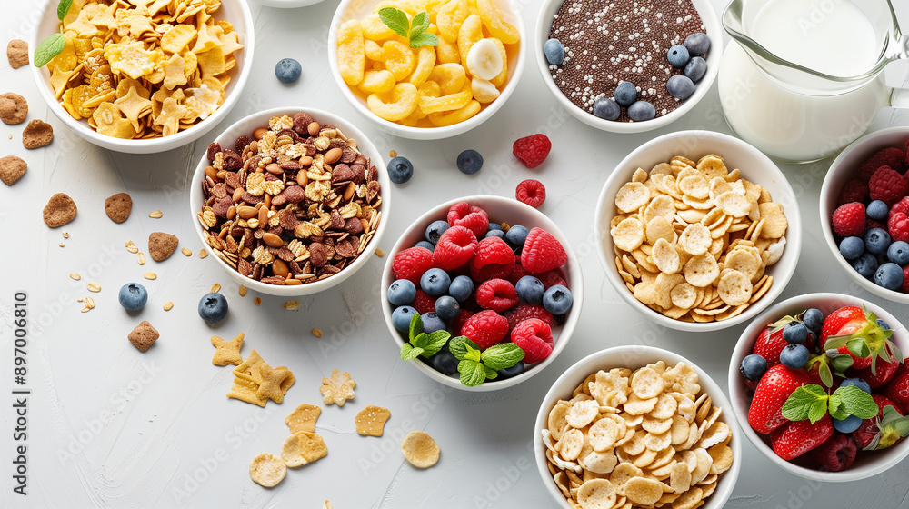 A diverse breakfast spread with assorted cereals, fresh fruits, and a jug of milk, artistically arranged in bowls on a light textured surface. A diverse breakfast spread with assorted cereals, fresh fruits, and a jug of milk, artistically arranged in bowls on a light textured surface.