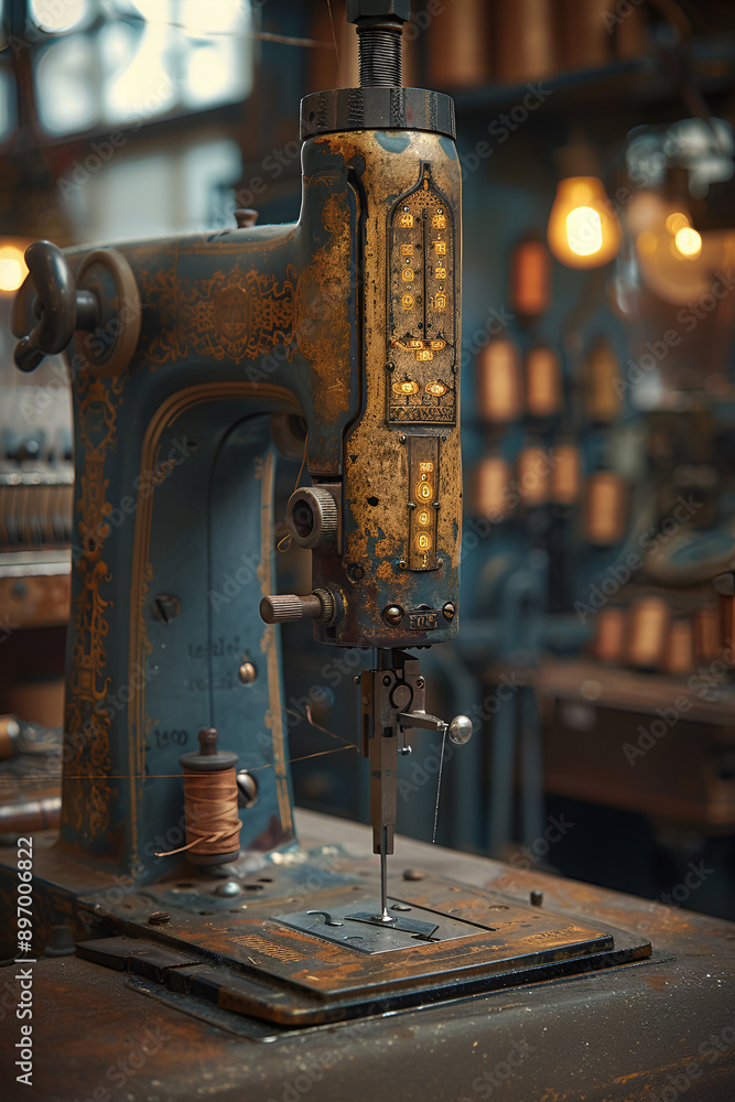 Fototapeta premium Classic retro style manual sewing machine ready for sewing work. The machine is old style made of metal with floral patterns