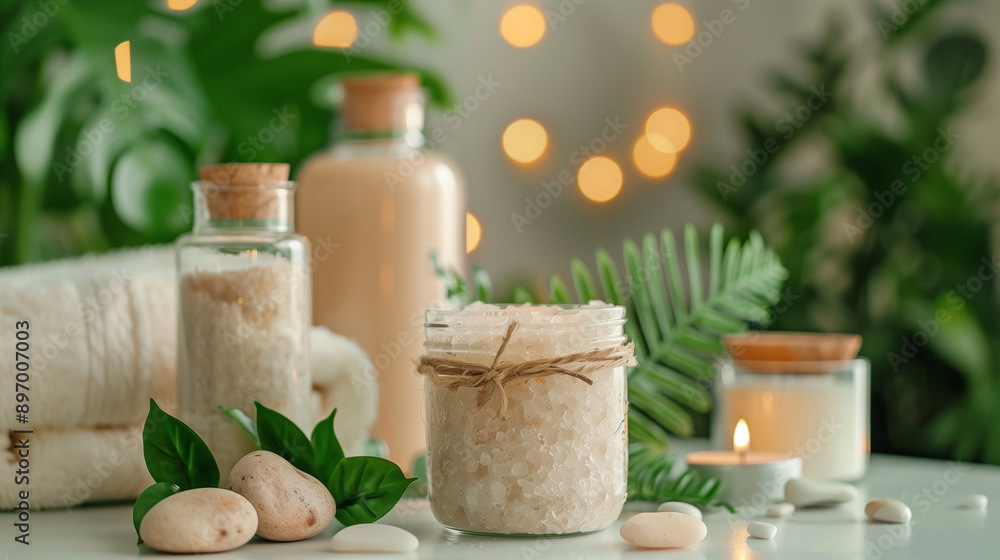 Luxurious Bathroom Setting with Natural Body Scrub and Fresh Towels Luxurious Bathroom Setting with Natural Body Scrub and Fresh Towels