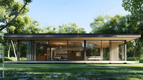 Elegant minimalist building with flat roof and glass walls © Matthias