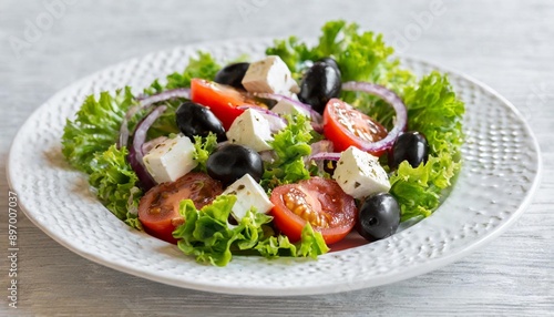 Greek salad on white plate isolated on white background.