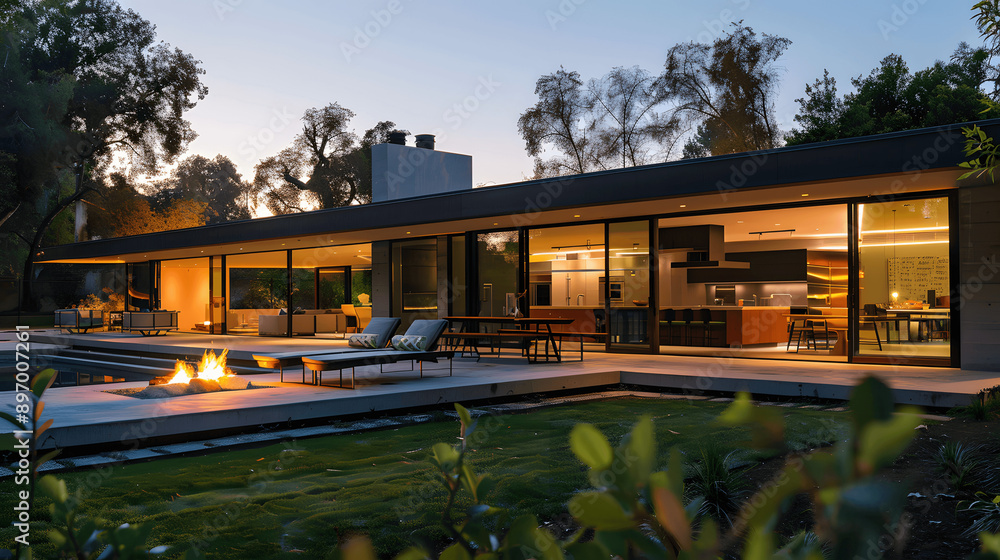 Minimalist single-story home with large open spaces and minimal exterior decoration Minimalist single-story home with large open spaces and minimal exterior decoration