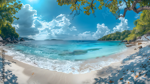 Panorama of beautiful beach and blue sky in Similan islands near Phuket, Thailand. Vacation summer holidays background. Panoramic view of nice tropical beach in Thailand. photo