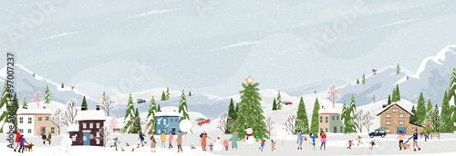 Christmas Background,Winter Village landscape blue sky with snowy people playing ice skate in city park celebrating on New Year,Vector Xmas horizon banner nature winter wonderland forest tree