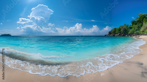 Panorama of beautiful beach and blue sky in Similan islands near Phuket, Thailand. Vacation summer holidays background. Panoramic view of nice tropical beach in Thailand. photo