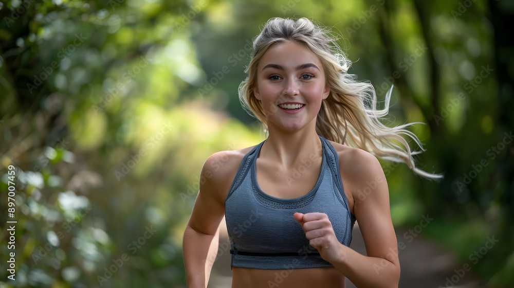 Beauty white woman jogging in park under sunrise, obesity diet concept Beauty white woman jogging in park under sunrise, obesity diet concept