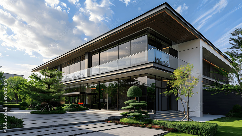 Elegant office building with modern facade, sleek lines, and minimalistic landscaping Elegant office building with modern facade, sleek lines, and minimalistic landscaping
