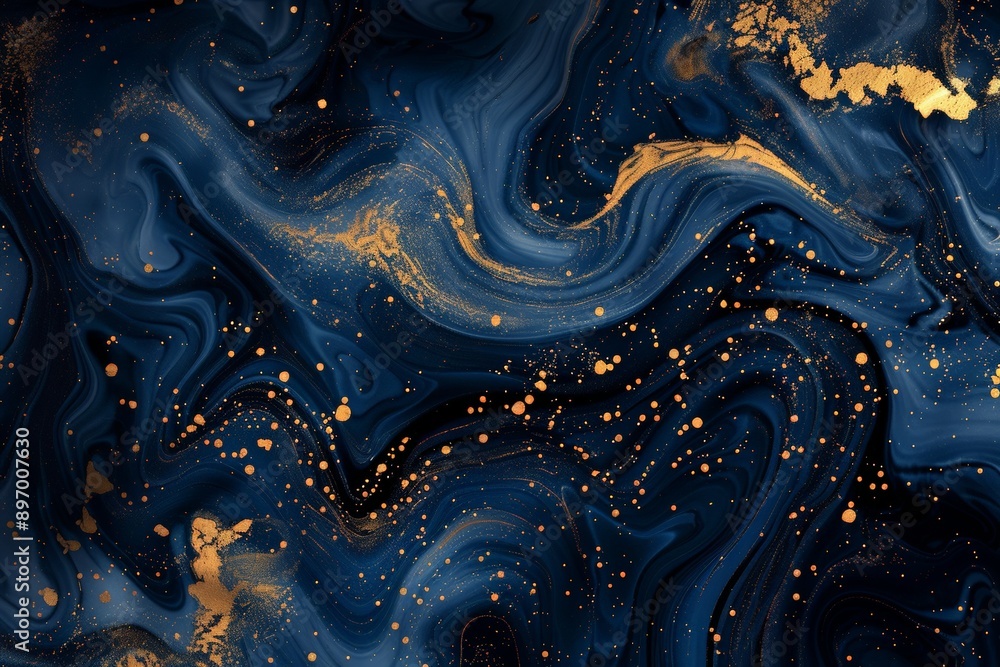 An abstract artwork featuring dark blue swirling patterns with gold speckles and streaks creating a mesmerizing and luxurious visual effect. An abstract artwork featuring dark blue swirling patterns with gold speckles and streaks creating a mesmerizing and luxurious visual effect.