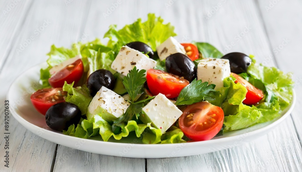 Greek salad on white plate isolated on white background. Greek salad on white plate isolated on white background.