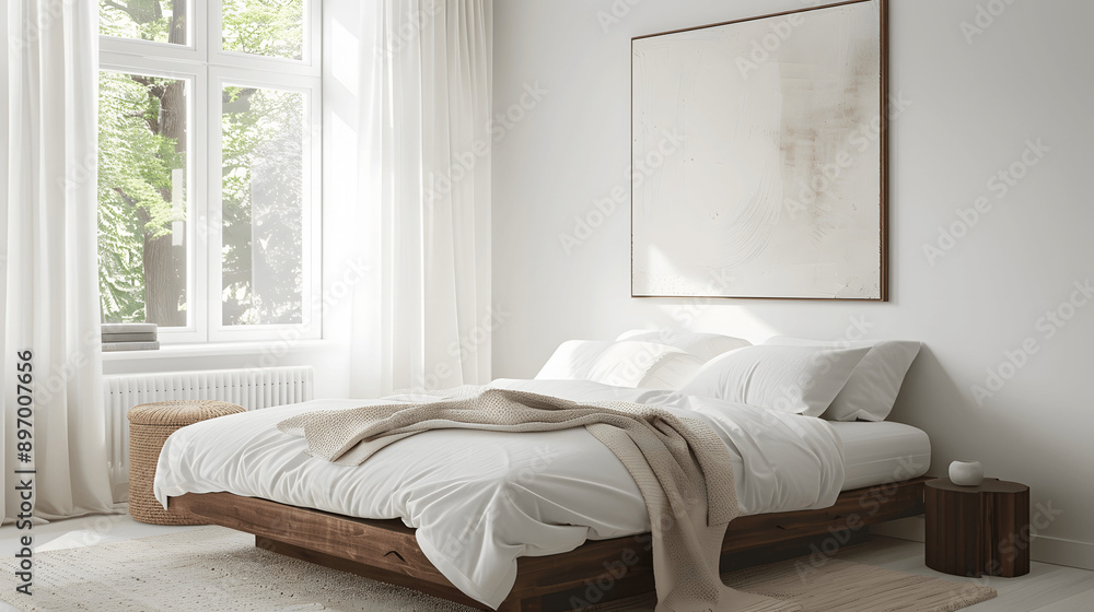 Fototapeta premium Simple bedroom with low-profile bed, white linens, and calming artwork