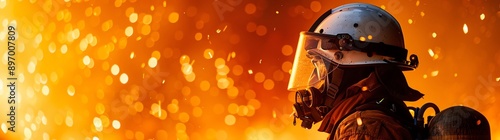 Firefighter standing in front of a fire, with flames burning behind him