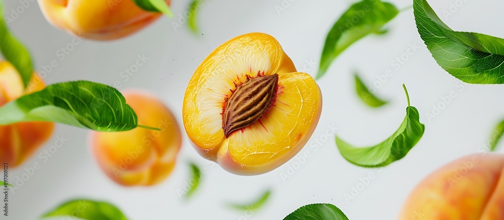 Obraz premium Peach halves floating gracefully with vibrant green leaves around them, set against a clean, isolated background. The summer fruit's freshness and texture are highlighted in stunning HD clarity.
