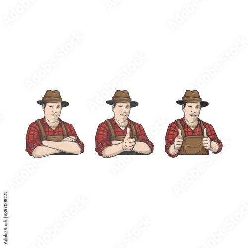 farmer with 3 different pose in vintage style