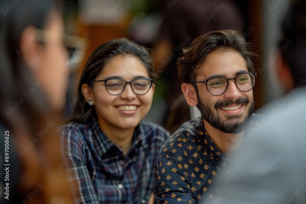 A young couple smiles and looks at each other. They are both wearing glasses. The photo is taken in a warm setting with natural light. A young couple smiles and looks at each other. They are both wearing glasses. The photo is taken in a warm setting with natural light.