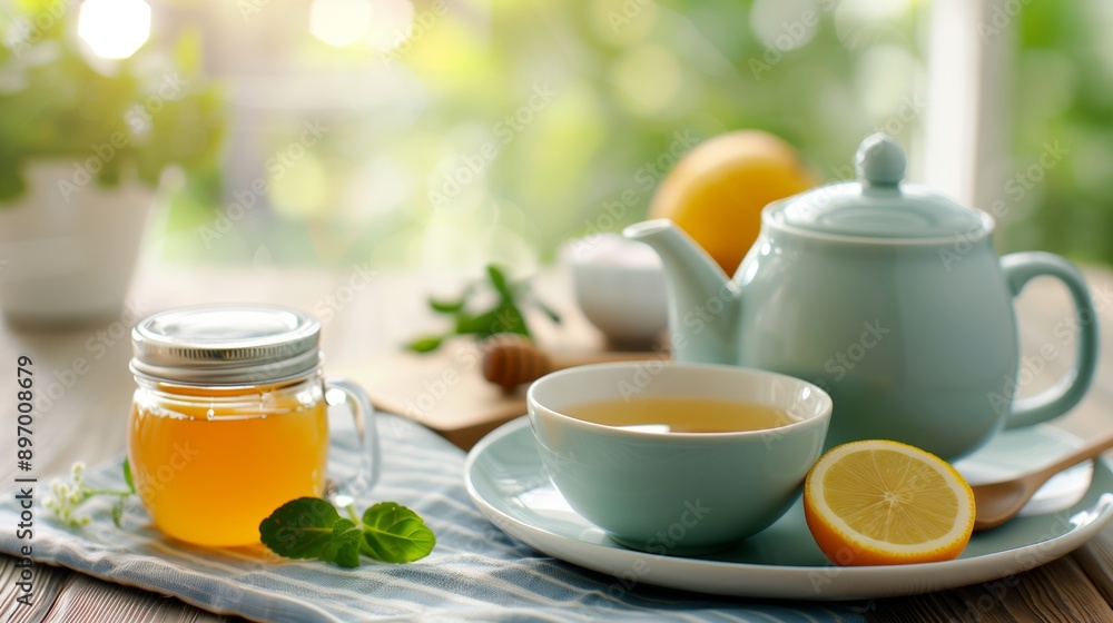 Healthy herbal tea with fresh lemon slices and honey in glass teapot on sunlit wooden table for morning wellness at home Healthy herbal tea with fresh lemon slices and honey in glass teapot on sunlit wooden table for morning wellness at home