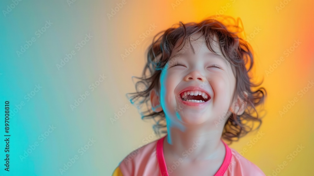 A young girl with curly hair laughs brightly against a colorful background. She is wearing a pink shirt and has a joyful expression. A young girl with curly hair laughs brightly against a colorful background. She is wearing a pink shirt and has a joyful expression.