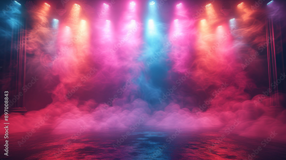 Fototapeta premium Colorful fog and bright stage lights on
