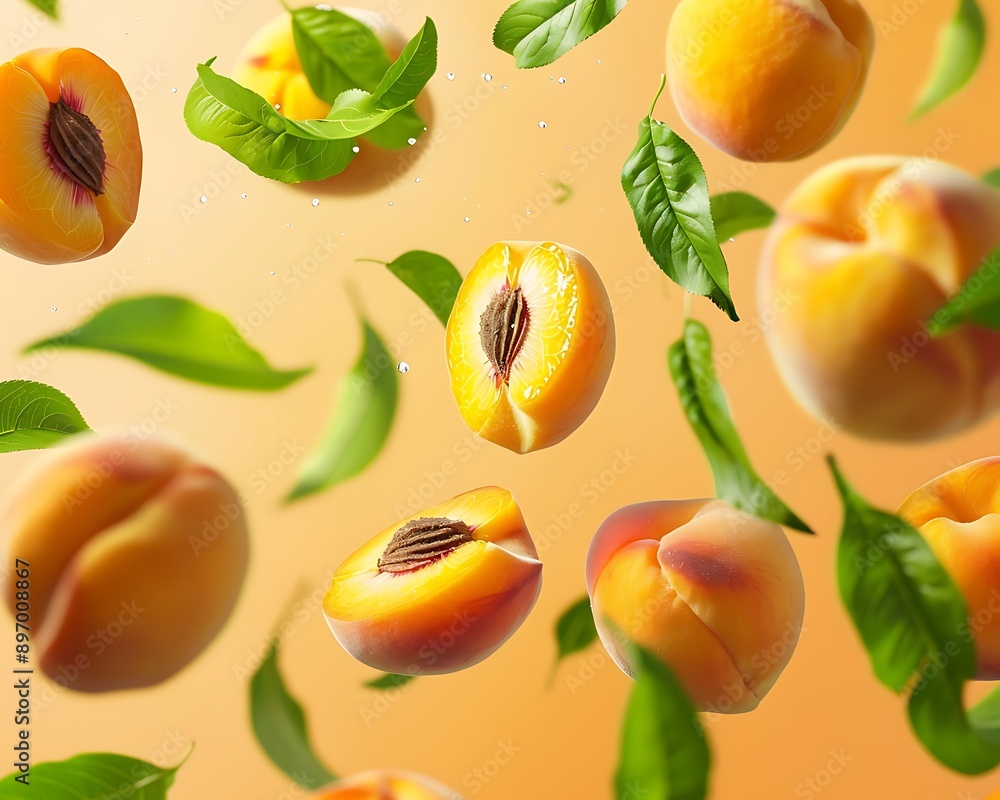 Peaches and green leaves floating in mid-air against a clear, isolated background. The rich orange color and juicy texture of the fruit are highlighted in ultra-high-definition. Peaches and green leaves floating in mid-air against a clear, isolated background. The rich orange color and juicy texture of the fruit are highlighted in ultra-high-definition.
